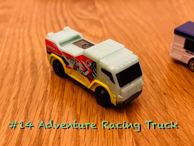 A carousel photo displaying the fourteenth vehicle named 'Adventure Racing Truck' out of an array of 'Large Vehicles', at full size. The truck is painted white with the title '622 R Speed' printed on the right side base cover painted yellow and red.