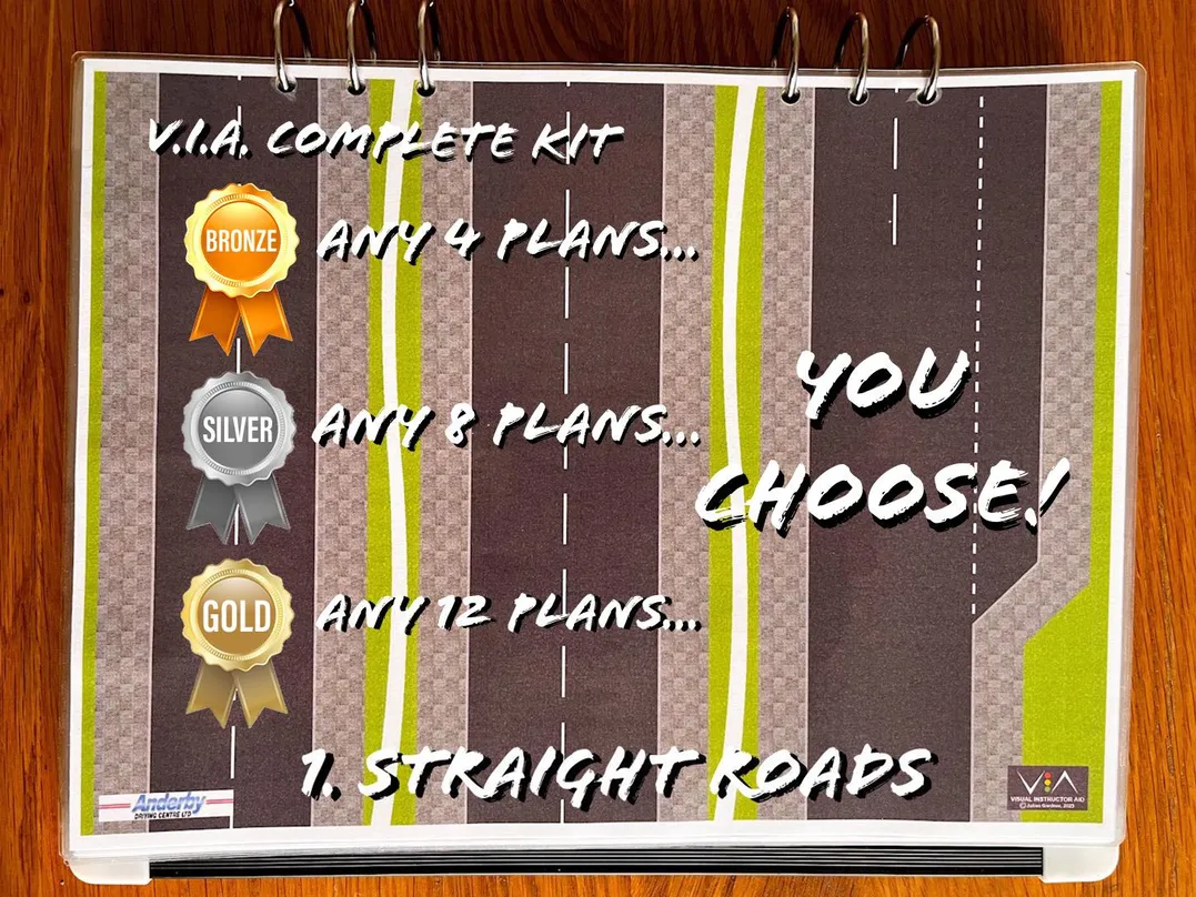 A carousel photo displaying the first plan named 'straight roads' out of an array of roads layouts, at full size. Consisting of three unique straight roads.