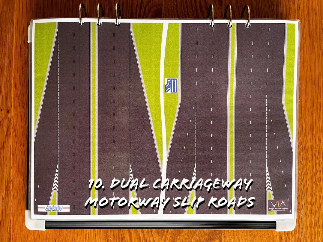 A carousel photo displaying the tenth plan named 'dual carriageway motorway slip roads' out of an array of roads layouts, at full size. Consisting of four dual carriageways and their slip roads.
