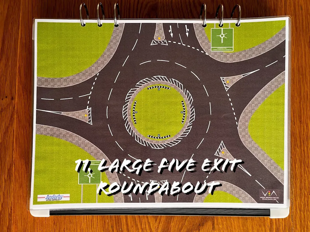 A carousel photo displaying the eleventh plan named 'large five exit roundabouts' out of an array of roads layouts, at full size. Consisting of five long and large five exits surrounding the big roundabout.