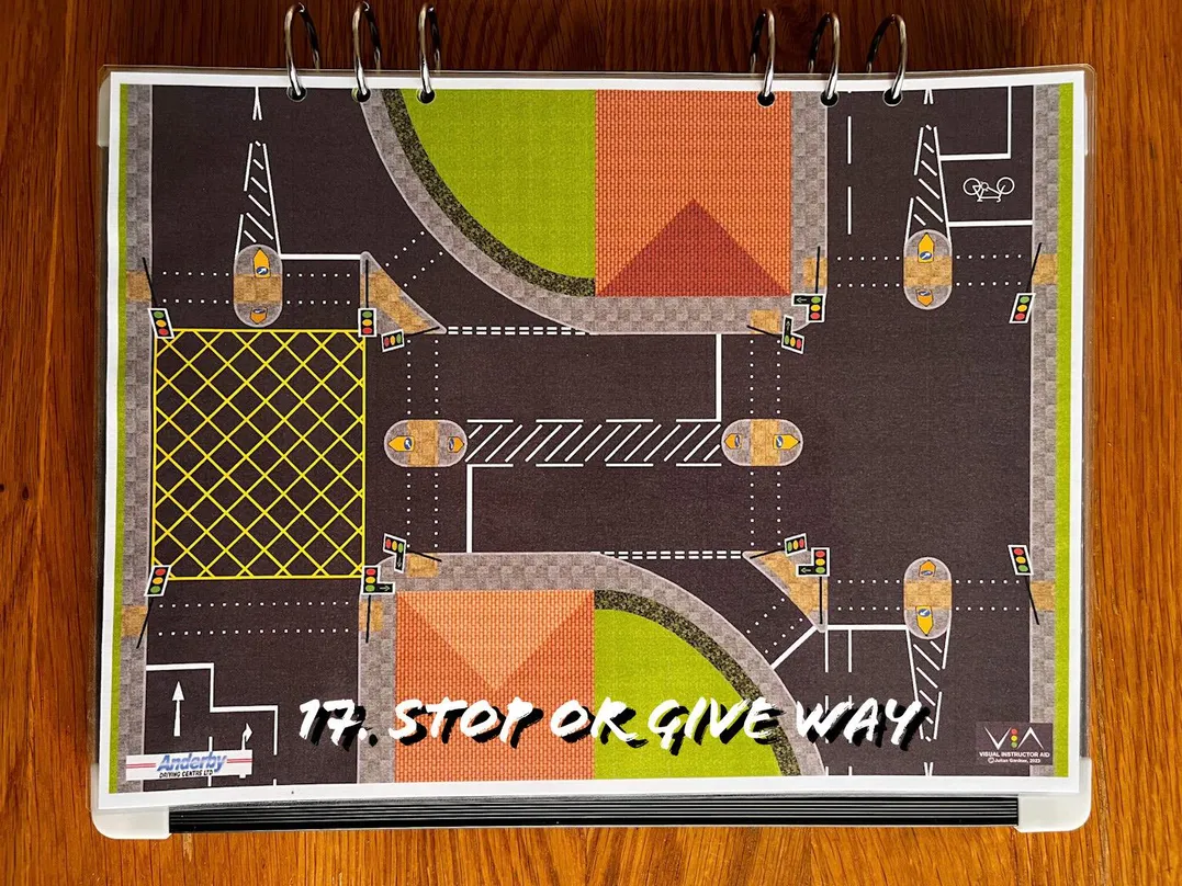 A carousel photo displaying the seventeen plan named 'stop or give away' out of an array of roads layouts, at full size. Consisting of a box junction, cycle box and multiple road markings.