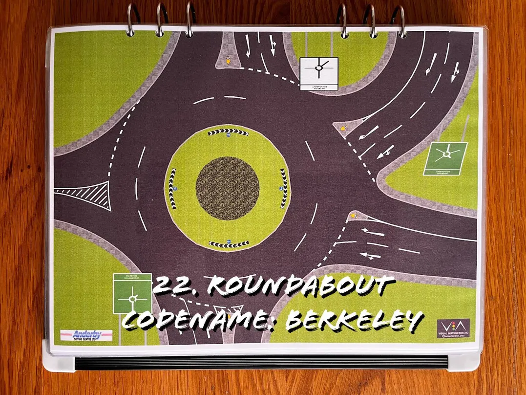 A carousel photo displaying the twenty-two named 'roundabout codename: berkeley' out of an array of roads layouts, at full size. A unique and challenging roundabout in Scunthorpe.