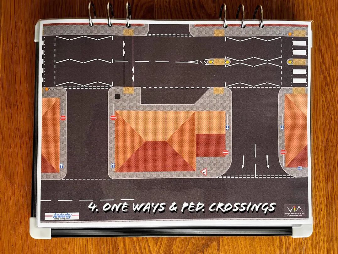 A carousel photo displaying the fourth plan named 'one-ways & ped. crossings' out of an array of roads layouts, at full size. Consisting of one-ways & zebra pedestrian crossings.