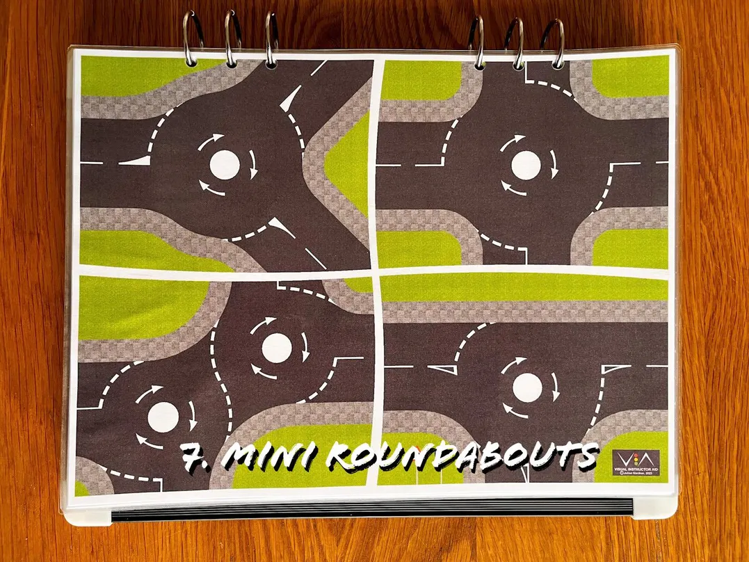 A carousel photo displaying the seventh plan named 'mini roundabouts' out of an array of roads layouts, at full size. Consisting of four designs with various sizes.
